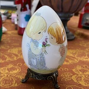 Precious Moments Egg Figurine with Blue and Brown Accents